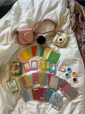 Fujifilm Instax Mini Camera Set with Pink Case and Cream Camera